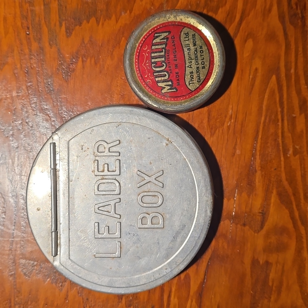 Vintage Metal Fly Fishing Leader Box & Mucilin Fly Line Wax Tin